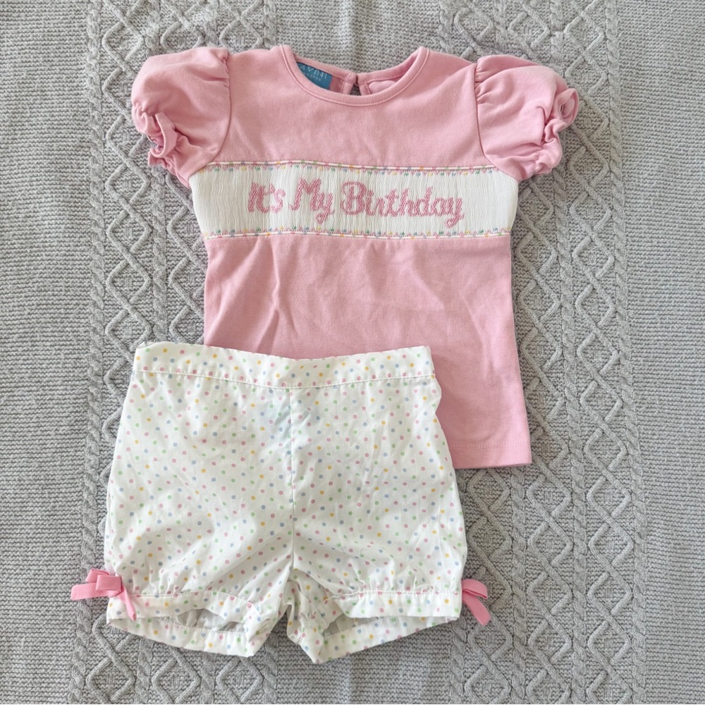Smocked Pink Birthday Confetti Polkadot Shorts & Top Set